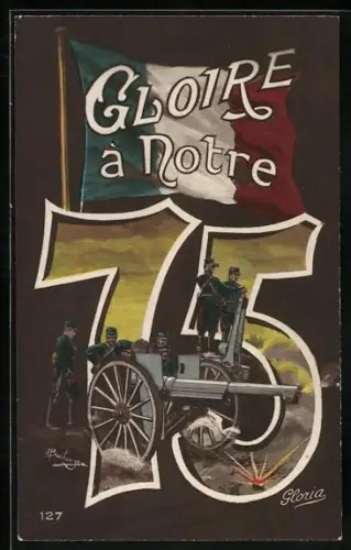 AK französische Artilleristen an der 75-mm-Kanone, Trikolore