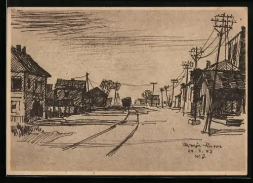 Künstler-AK Staraja Russa, Kampfraum der schleswig-holsteinischen Infanterie-Division, Bahnabzweigung zum Polist