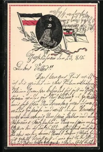 AK Portrait Kronprinz Wilhelm von Preussen, Deutsche Flaggen