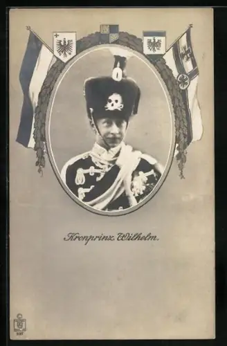 AK Kronprinz Wilhelm, Portrait, Fahnen, Wappen