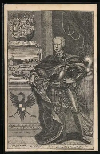 Künstler-AK Friedrich Markgraf zu Brandenburg in Rüstung, Wappen