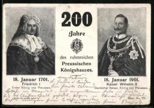 AK 200 Jahre Preussisches Königshaus 1901, Friedrich I. Erster König von Preussen, Kaiser Wilhelm II