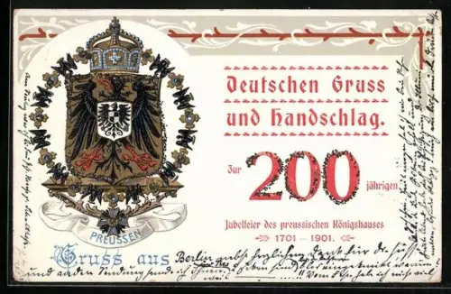 AK Zweihundertjährige Jubelfeier de preussischen Köngishauses, 1701-1901, Wappen