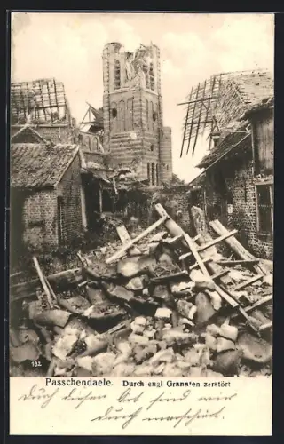 AK Passchendaele, Durch englische Granaten zerstörte Strassenpartie