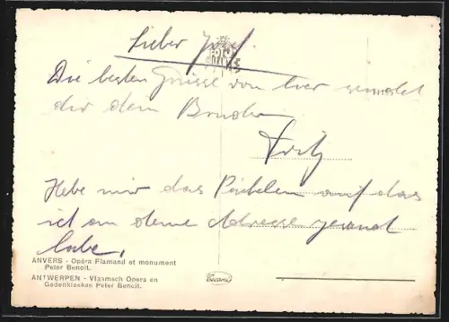 AK Anvers, Opéra Flamand et Monument Peter Benoit