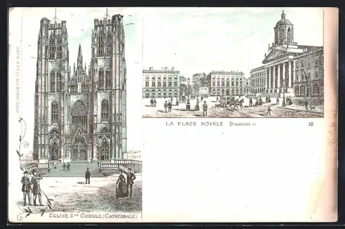 Lithographie Bruxelles, La Place Royale, Eglise Sainte Gudule (Cathédrale)