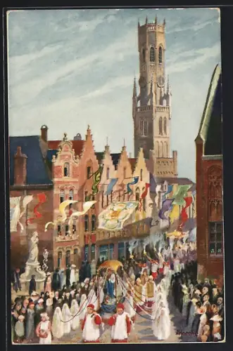 AK Bruges, Le Pont Saint-Jean, Une Procession