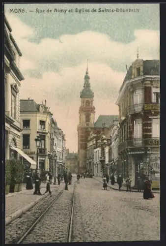 AK Mons, Rue de Nimy et Eglise de Sainte-Elisabeth