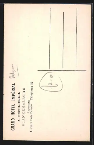 AK Blankenberghe, Grand Hotel Impérial (Ancien Hotel d`Allemagne), Prop. A. Pauwels-Doetsch, Rue de l`Eglise