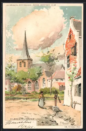 Künstler-AK F. Ranot: Dilbeek, L` Eglise, Malerische Dorfszene mit Kirche und Brunnen