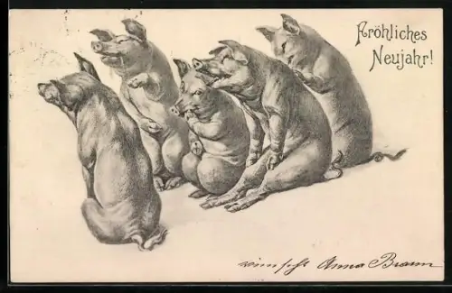 AK Fröhliche Schweine in geselliger Runde, Fröhliches Neujahr! vermenschlichte Tiere