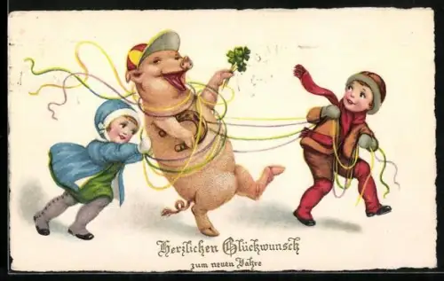 Künstler-AK Beschwipstes Glücksschwein mit Kindern - Neujahrsgruss