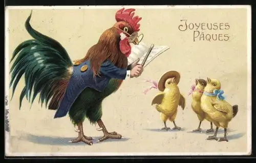 AK Hahn gibt als Lehrer den Osterküken Unterricht, Joyeuses Paques, vermenschlichte Tiere