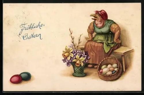 AK Henne verkauft als Marktfrau Blumen und Ostereier, Fröhliche Ostern, vermenschlichte Tiere