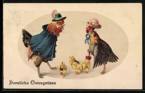 AK Hahn und Henne beim Spaziergang mit den Osterküken, Herzliche Ostergrüsse, vermenschlichte Tiere