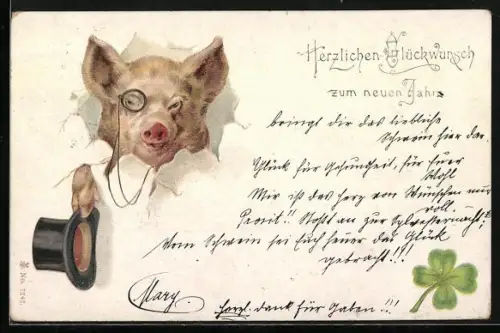 AK Schwein mit Monokel und Zylinder gratuliert zum neuen Jahr, vermenschlichte Tiere