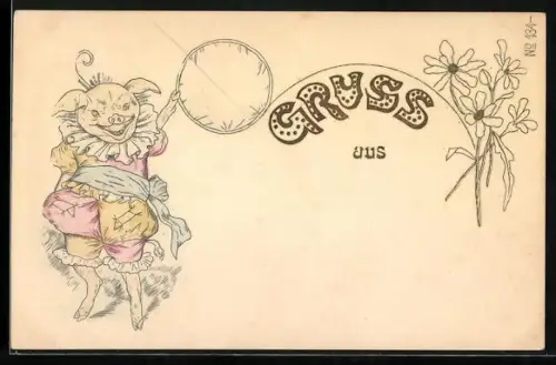 Präge-AK Schwein hält als Harlekin einen Reifen in der Pfote, vermenschlichte Tiere