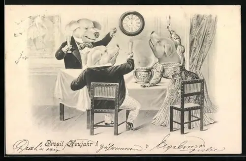 AK Schweine in eleganter Abendgarderobe stossen um Mitternacht mit Sekt an, Prosit Neujahr, vermenschlichte Tiere