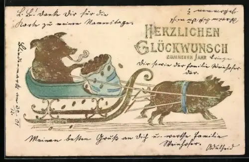 Präge-AK Schwein transportiert Goldmünzen mit dem Schlitten, Glückwunsch zum neuen Jahr, vermenschlichte Tiere