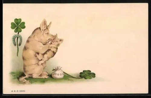 AK Schweine-Mutter herzt ihren Nachwuchs, Kleeblatt, Hufeisen und Geldsack, vermenschlichte Tiere