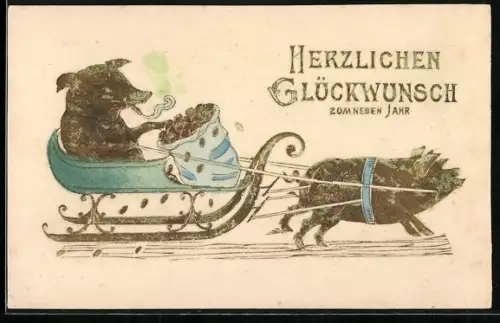 Präge-AK Schwein transportiert Goldmünzen mit dem Schlitten, Glückwunsch zum neuen Jahr, vermenschlichte Tiere