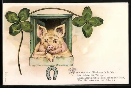 Lithographie Herzlichen Glückwunsch zum neuen Jahre, Schwein mit Zigarre und Klee
