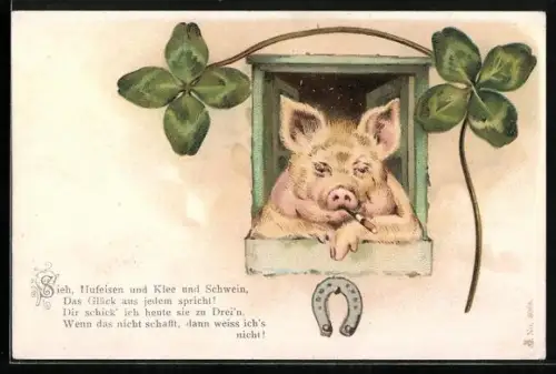 AK Schwein mit Zigarette blickt aus dem Fenster, Kleeblatt und Hufeisen, vermenschlichte Tiere