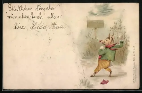 AK Schwein bei der Schneeballschlacht, vermenschlichte Tiere