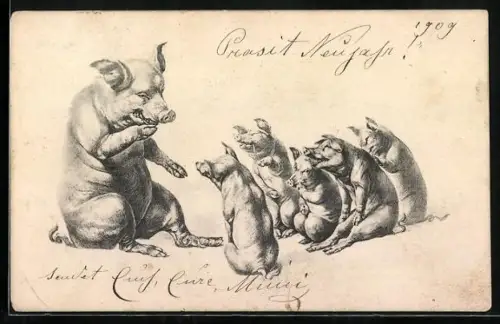 AK Schweine-Kinder lauschen der Geschichte der Mutter, vermenschlichte Tiere