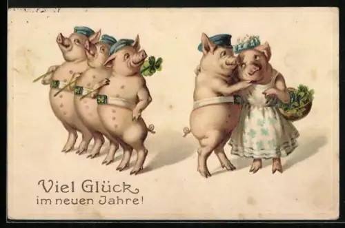 Präge-AK Schwein herzt als Soldat sein Liebchen, Kleeblätter, Viel Glück im neuen Jahre! vermenschlichte Tiere