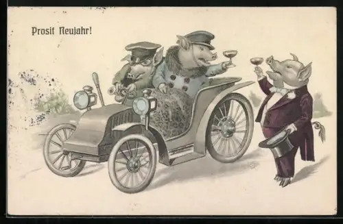 AK Schwein stösst im Automobil mit Sekt auf das neue Jahr an, Prosit Neujahr, vermenschlichte Tiere