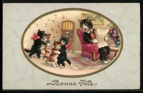 AK Katzen tanzen zu den Klängen aus dem Radio, Bonne Fete, vermenschlichte Tiere