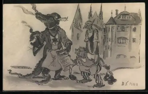 AK Listiges Krokodil präsentiert eine Urkunde, vermenschlichte Tiere