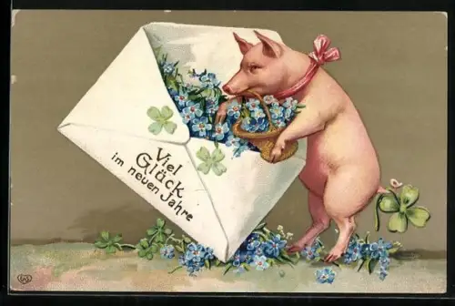 AK Viel Glück zum neuen Jahre, Schwein mit Briefumschlag voller Vergissmeinnicht