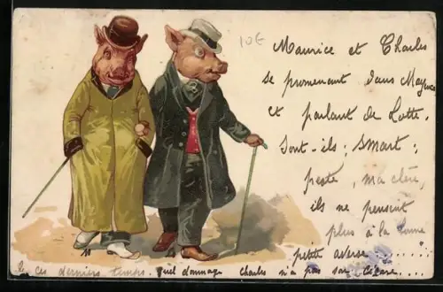 AK Elegante Schweine-Herren beim Spaziergang, vermenschlichte Tiere