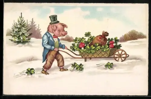 AK Schwein mit Zylinder schiebt eine Schubkarre mit Klee, Geld und Fliegenpilz durch den Schnee, vermenschlichte Tiere