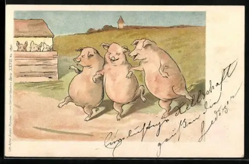 AK Fröhliche Schweine auf dem Weg nach Hause, vermenschlichte Tiere