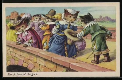 AK Katze verneigt sich als Edelmann vor der Katzendame auf der Brücke von Avignon, vermenschlichte Tiere