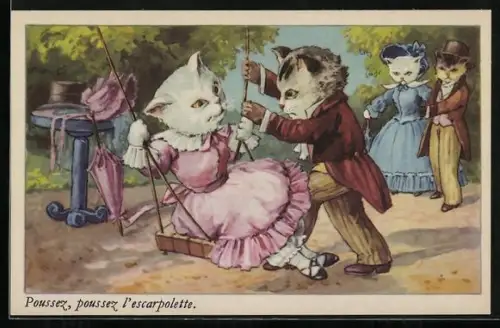AK Katze sitzt im rosa Kleid auf der Schaukel und wird von ihrem Kavalier beäugt, vermenschlichte Tiere