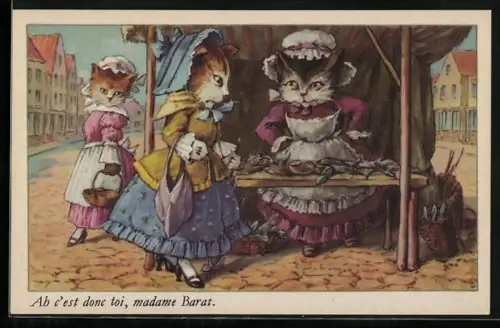 AK Katzendame begutachtet die Waren am Marktstand, vermenschlichte Tiere