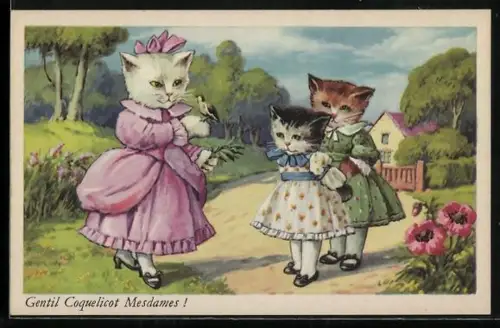 AK Elegante Katze hält einen Vogel auf der Hand, vermenschlichte Tiere