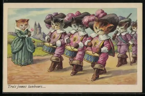AK Drei junge Katzen als Tambour bei einem Festumzug, vermenschlichte Tiere