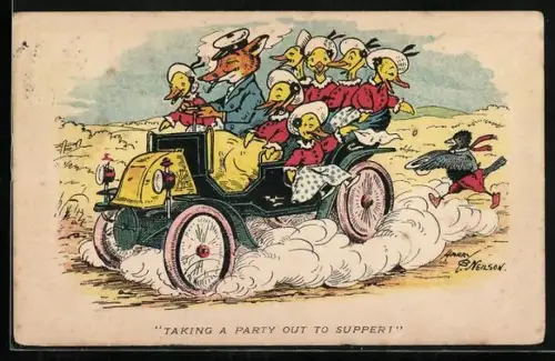 AK Fuchs fährt mit den Enten im Automobil zu einer Party, vermenschlichte Tiere