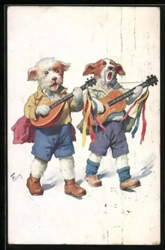 AK zwei Hunde beim Gitarre spielen und singen