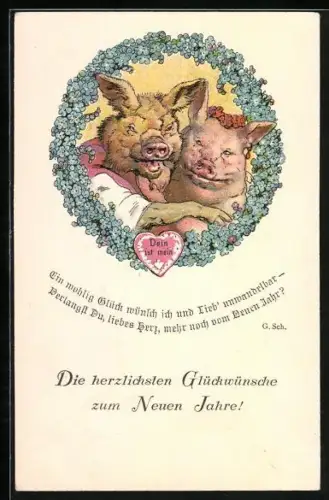 AK Fröhliches Schweinepaar blickt aus einem Blumenkranz heraus, Glückwünsche zum neuen Jahr, vermenschlichte Tiere