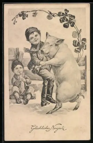 AK Junge tanzt mit einem Schwein, Glückliches Neujahr, vermenschlichte Tiere