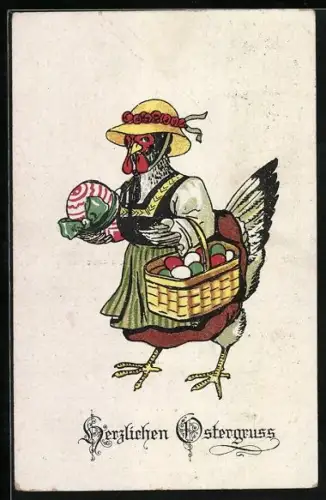 AK Henne trägt einen Korb mit Ostereiern, Herzlichen Ostergruss, vermenschlichte Tiere