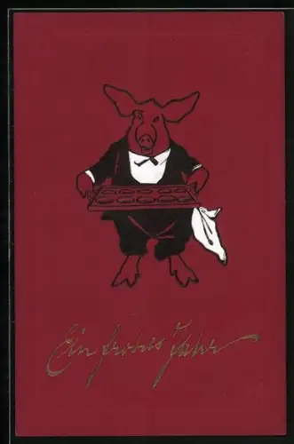 AK Neujahrskarte, Ein Schwein beim Kellnern