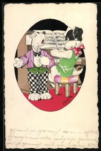 AK Hund singt zur Klaviermusik, vermenschlichte Tiere