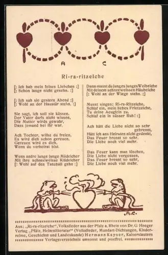 AK Frösche löschen ein brennendes Herz, Liedtext: Ri - ra - ritzelche, vermenschlichte Tiere